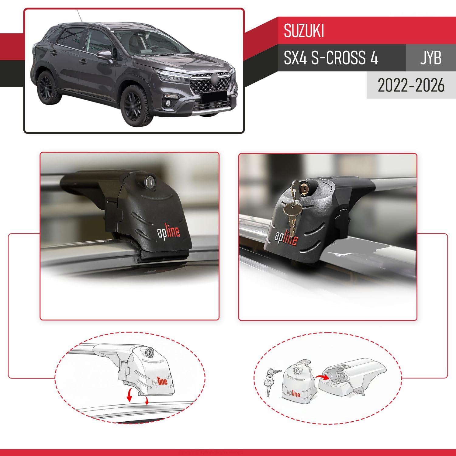 RE&AR Tuning Compatible avec Suzuki SX4 S-Cross 4 (JY) 2022-2025 ACE-2 Barres de Toit Railing Porte-Bagages de Voiture Gris Aluminium 2 Barres