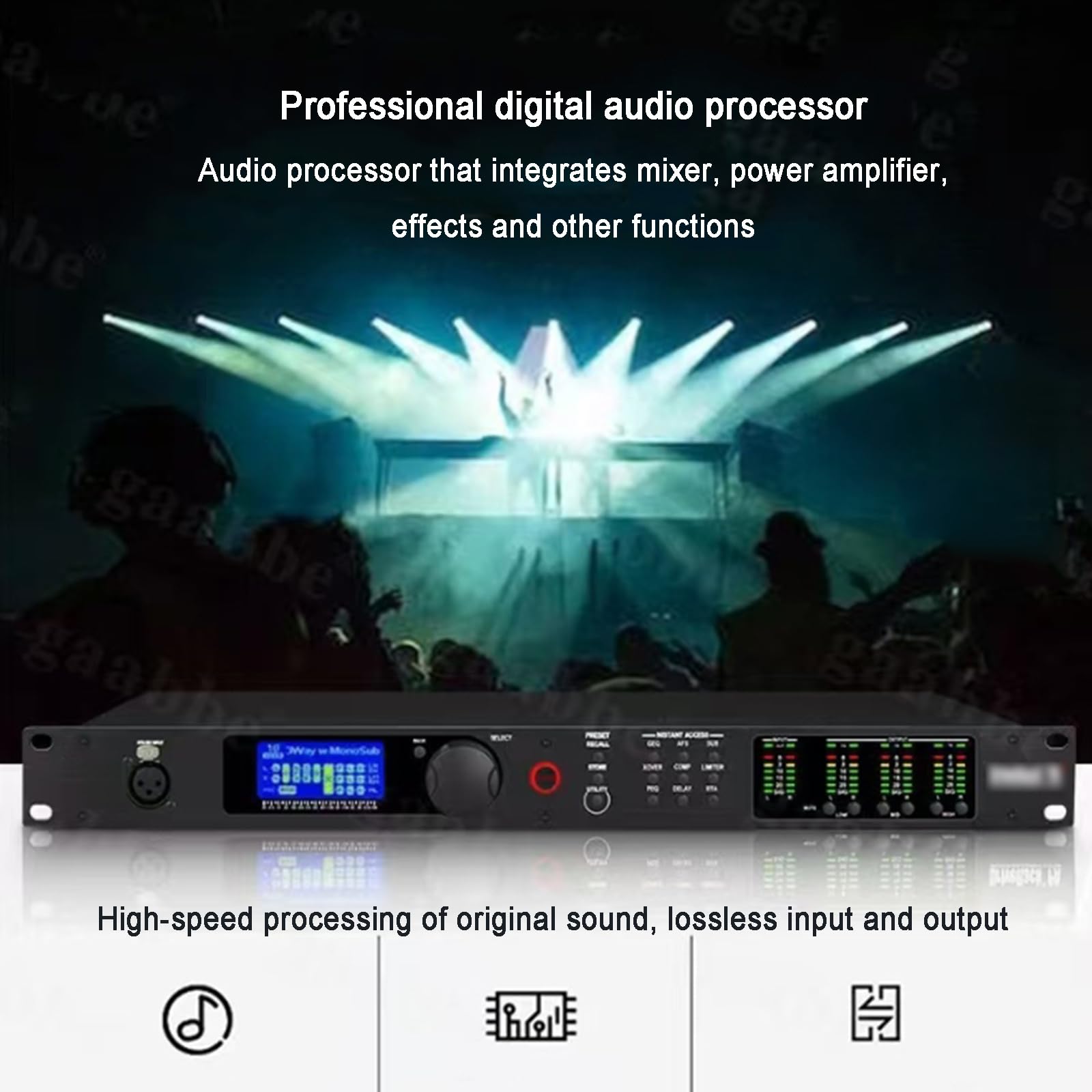 Profesjonalny procesor audio z 2 wejściami i 6 wyjściami, wbudowany rozdzielacz częstotliwości głośnika, ekran LCD i wskaźnik poziomu, możliwość ustawienia komputera, do studia Dj i studia