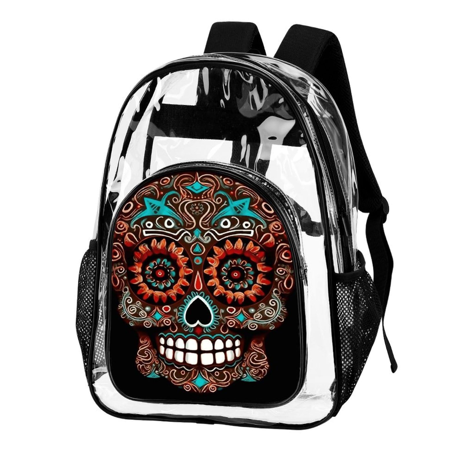 Sugar Skulls Day of the Dead Transparenter Rucksack, groß, transparent, PVC, Büchertasche für Sicherheit, Arbeit, Reisen, Stadion