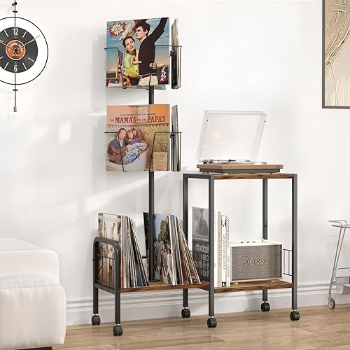 Miniatura 2 de Soporte para tocadiscos, almacenamiento de discos de vinilo giratorio, mesa de tocadiscos con almacenamiento de vinilo, soporte para discos de