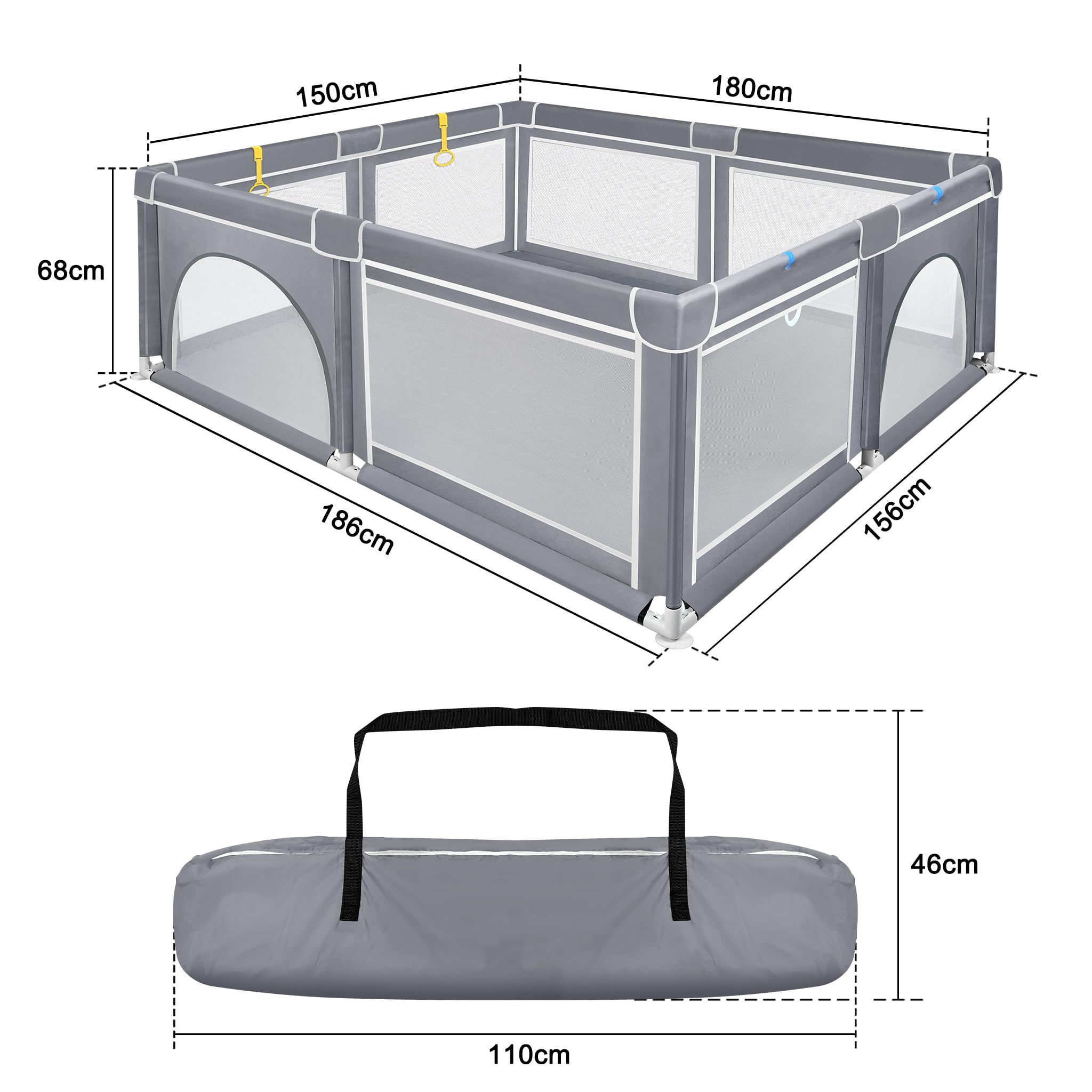 UISEBRT Parque infantil con base antideslizante y red transpirable y 50 pelotas, rejilla de barrera estable, centro de actividades para niños, gris oscuro – 150 x 180 cm