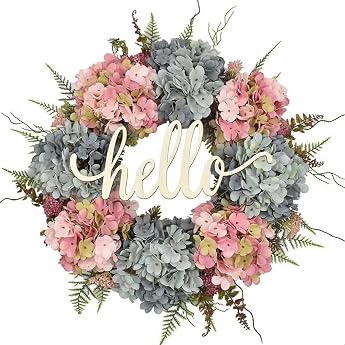 Artificial Door Wreath Hydrangea False Flower Wreath Farmhouse Door Decoration for Halloween Thanksgiving Indoor and Outdoor Decoration Pink and Blue