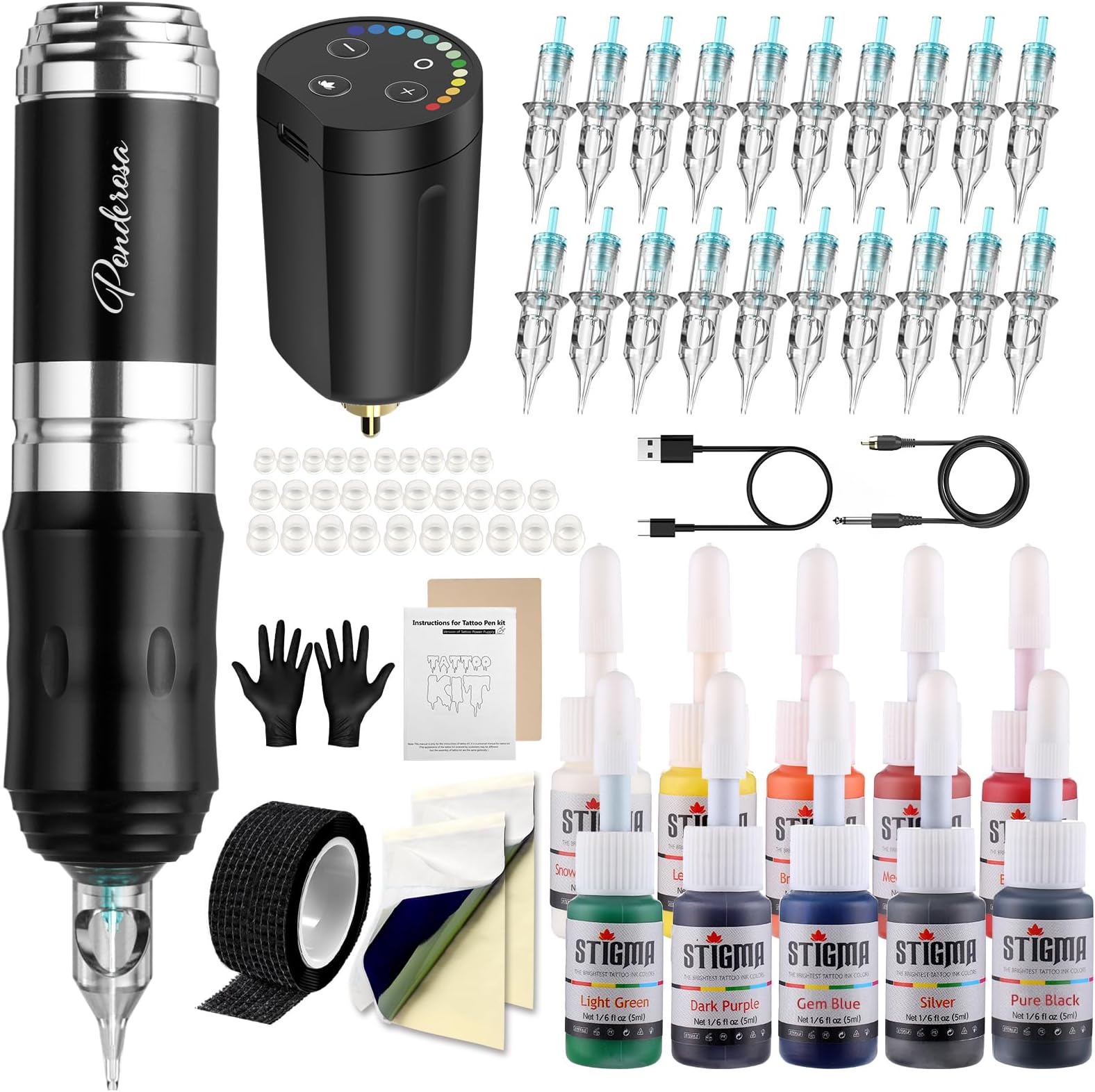 Cordless Tattoo Gun Kit Complete with Pro Machine Pen, 1400 mAh Battery, 20 Tattoo Cartridge Needles, Ink Color Set, Full Tattoo Accessories STP35KITP802-5