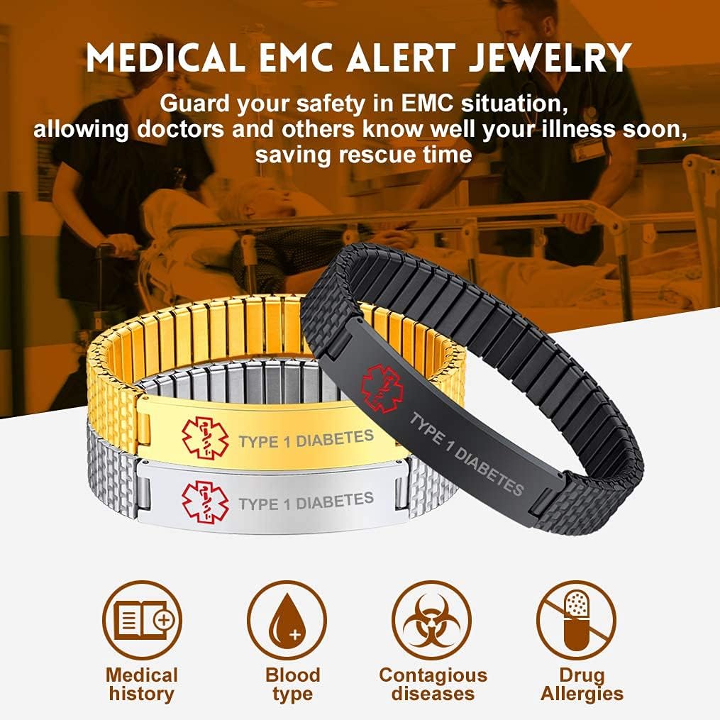 Bandmax Stainless Steel Medical Alert Bracelet Wristband Personalized Elastic Emergence ID Diabetic Bracelet for Men Custom Medical Alert Jewelry