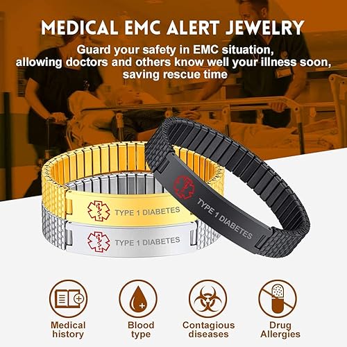 Miniatura 3 de Bandmax Pulsera de alerta médica de acero inoxidable personalizada con identificación de emergencia elástica para diabéticos, joyería de alerta