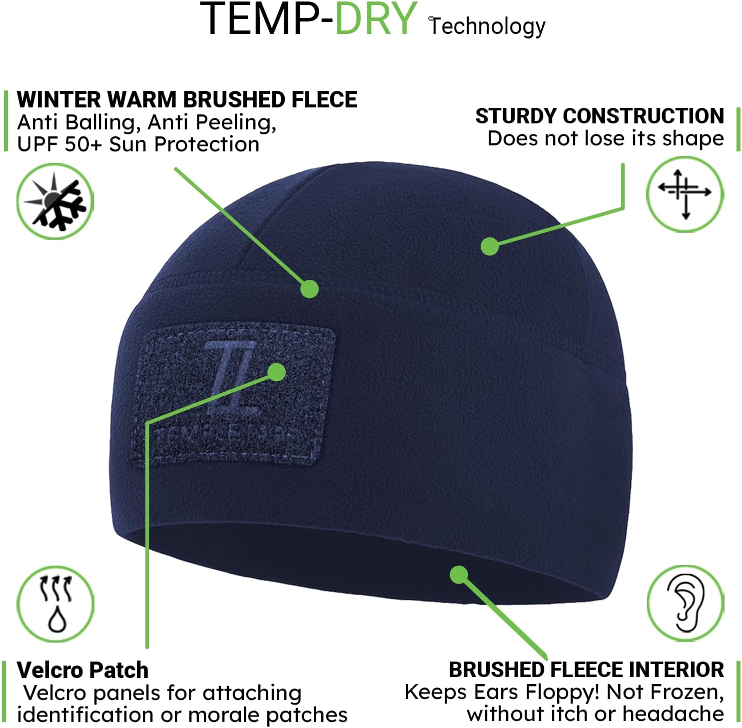 Temple Tape Tactical Beanie Hat - Front & Back Patch Panel - Multi Season Military Hats for Men - Mens Patch Army Beanies - Image 2