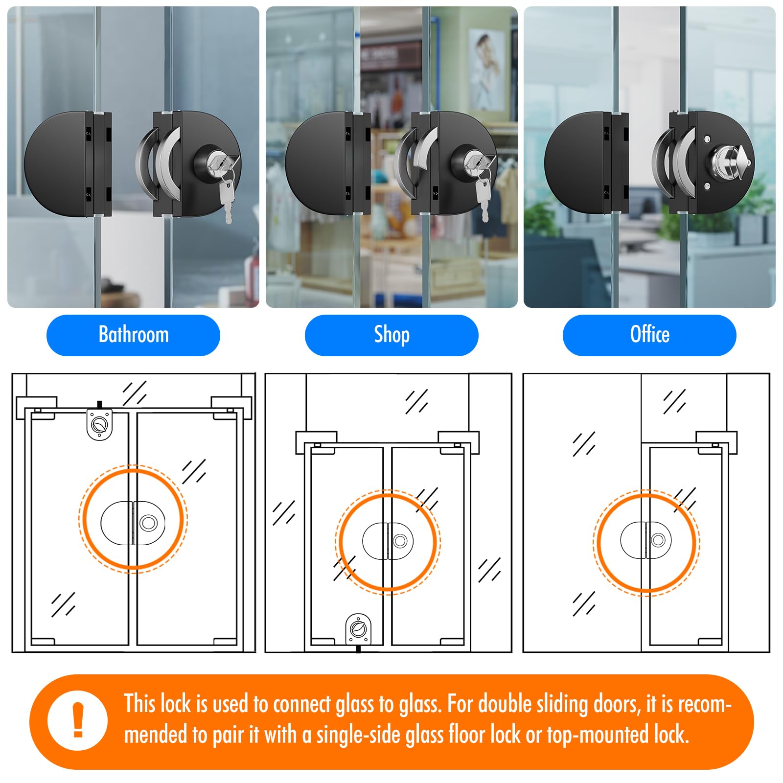 Serratura per porta in vetro senza fori, finitura nera opaca, con chiave e pomello, compatibile con vetro temperato 10-12 mm, installazione rapida, design moderno anti-effrazione, acciaio inox 304.