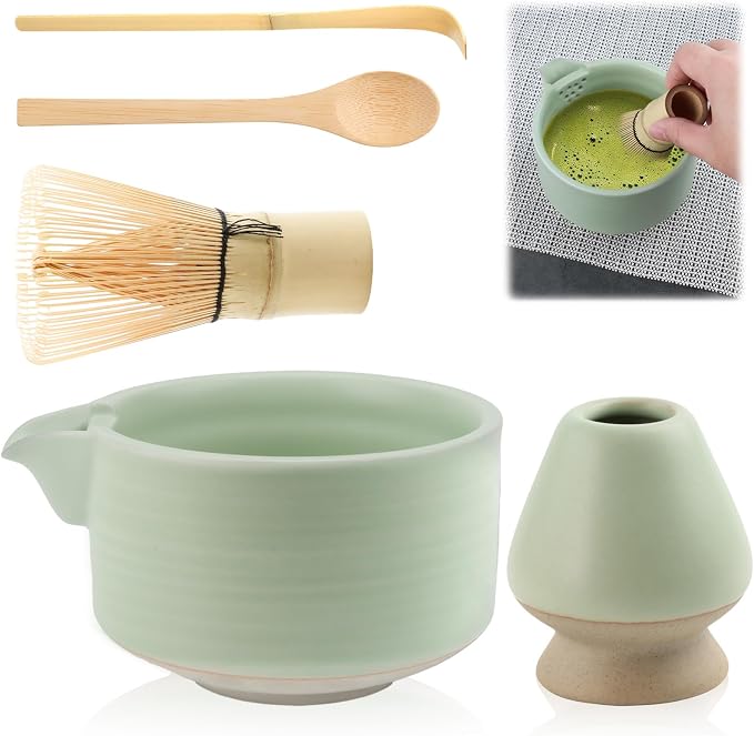 Set Completo Per Cerimonia Del Tè Matcha – Ciotola Grigia, Frusta In Bambù, Setaccio E Cucchiaio – Kit Regalo