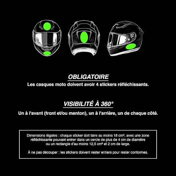 4 Autocollants Stickers Rétro Réfléchissants Noir pour Casque Moto - Adhésifs Réfléchissants de Signalisation Homologués Normes Française - Visibilité de Nuit - 3
