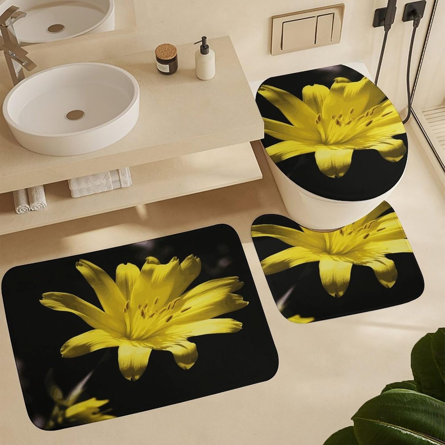 Flower with Yellow 4Pcs Shower Curtain Set with Non-Slip Rugs, Toilet Lid Cover and Bath Mat,Bathroom Set Decor Accessories,Curtain Set with 12 Hooks, 72 X 72 Inch