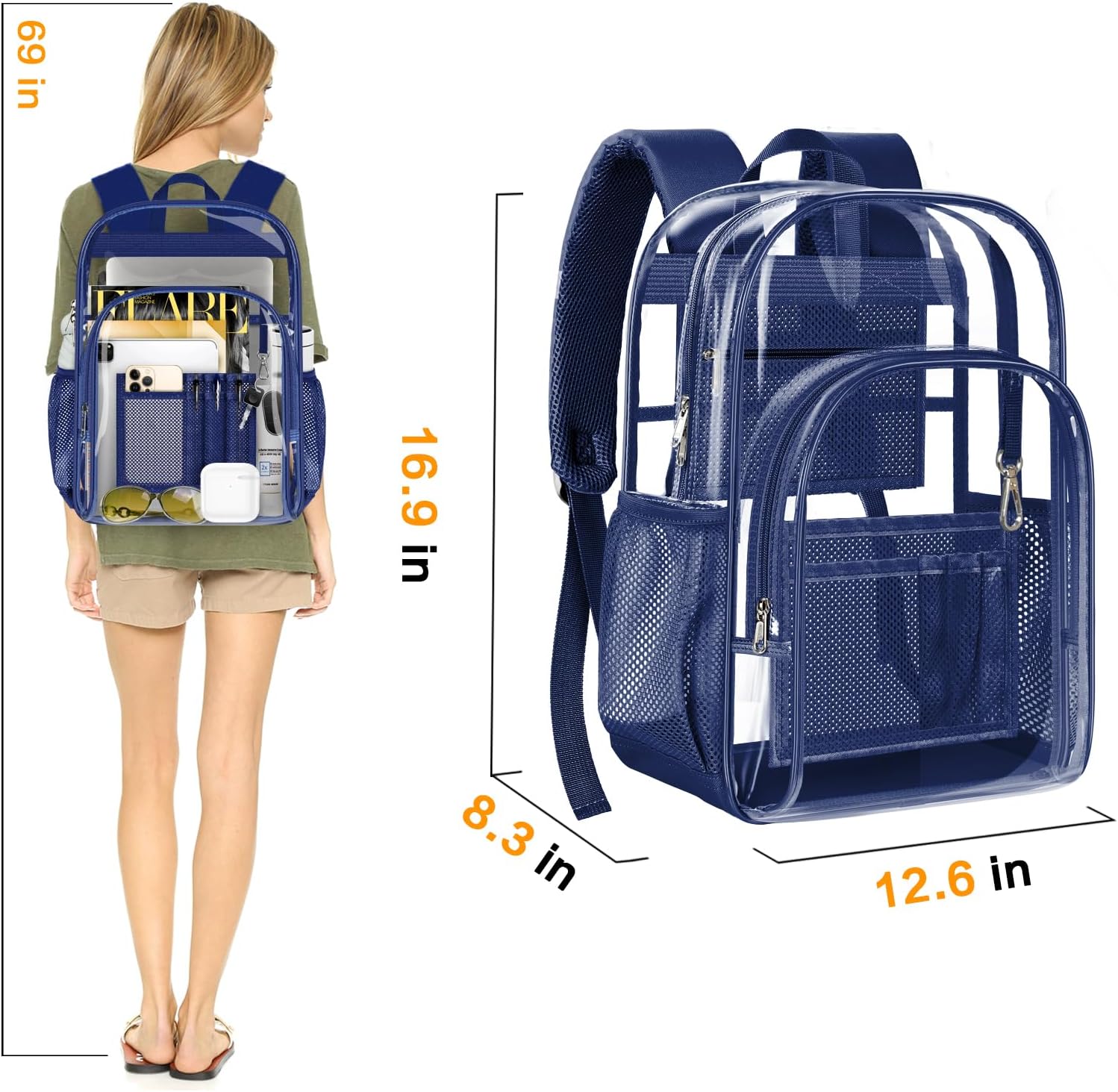 PAMANO Clear Backpack, Heavy Duty Transparent Backpack with Reinforced Bottom See Through for College, Travel, Workplace Security, Navy - Image 5