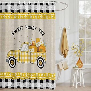 Yellow Truck Shower Curtain, Stall Bathroom Curtains for Bathtub, Spring Bees Honey Daisy Black Buffalo Plaid Waterproof Fabric Shower Curtain Set with 12 Hooks, Small 36" x 72"