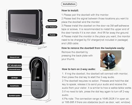 Miniatura 9 de Timbre de puerta inalámbrico con video, con video HD 1080P, audio bidireccional, ángulo de 170, pantalla de 4.3 pulgadas, IPX65 impermeable para