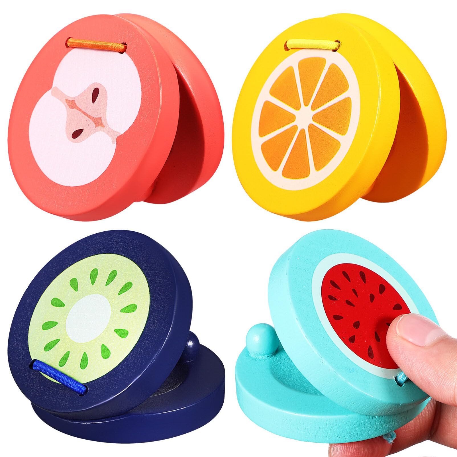 VaguellyFinger Castanets, 4pcs Wooden Castanets, Finger Clackers Clappers, Cartoon Fruit Castanets Early Education Percussion Instrument for Favors Party Classroom