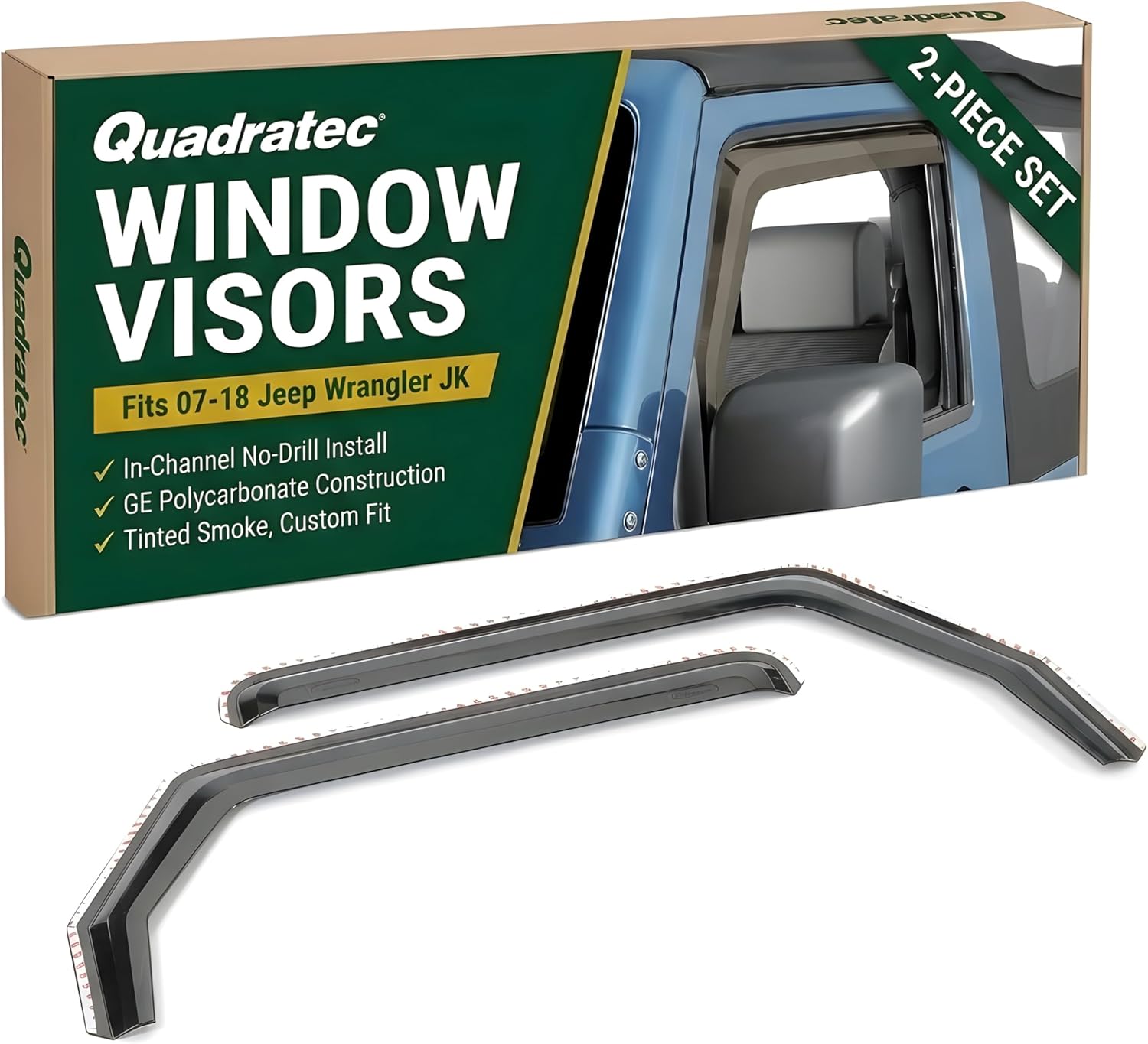 Quadratec Premium in-Channel Window Visors, 4 Piece, Tinted - Fits Jeep Wrangler JK 2-Door 2007-2018 - Side Window Wind Deflector - Window Vent Visors Rain Guards - Vent Shades for Jeep Wrangler