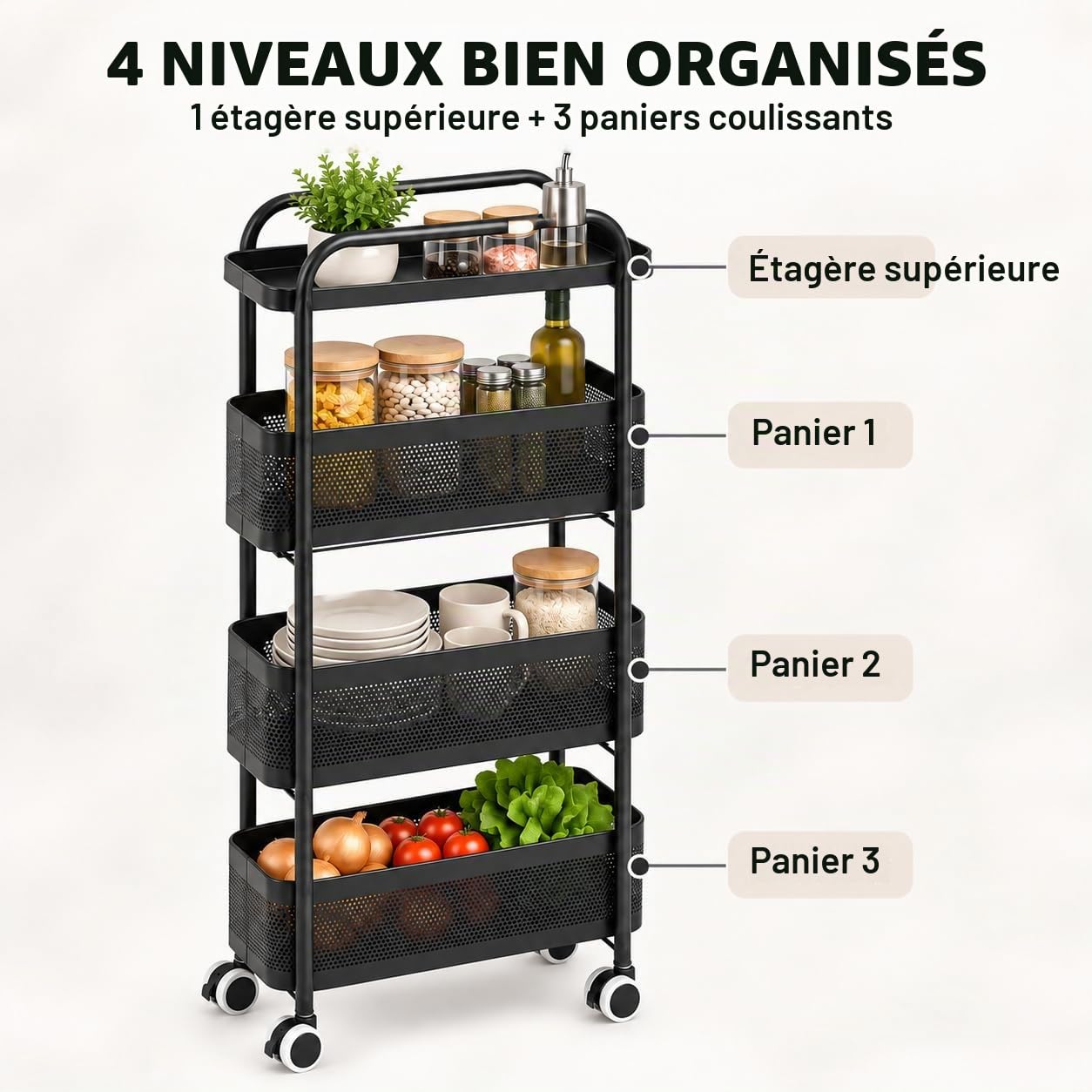 Chariot de Rangement à roulettes, desserte étroite 4 Niveaux, 15 cm