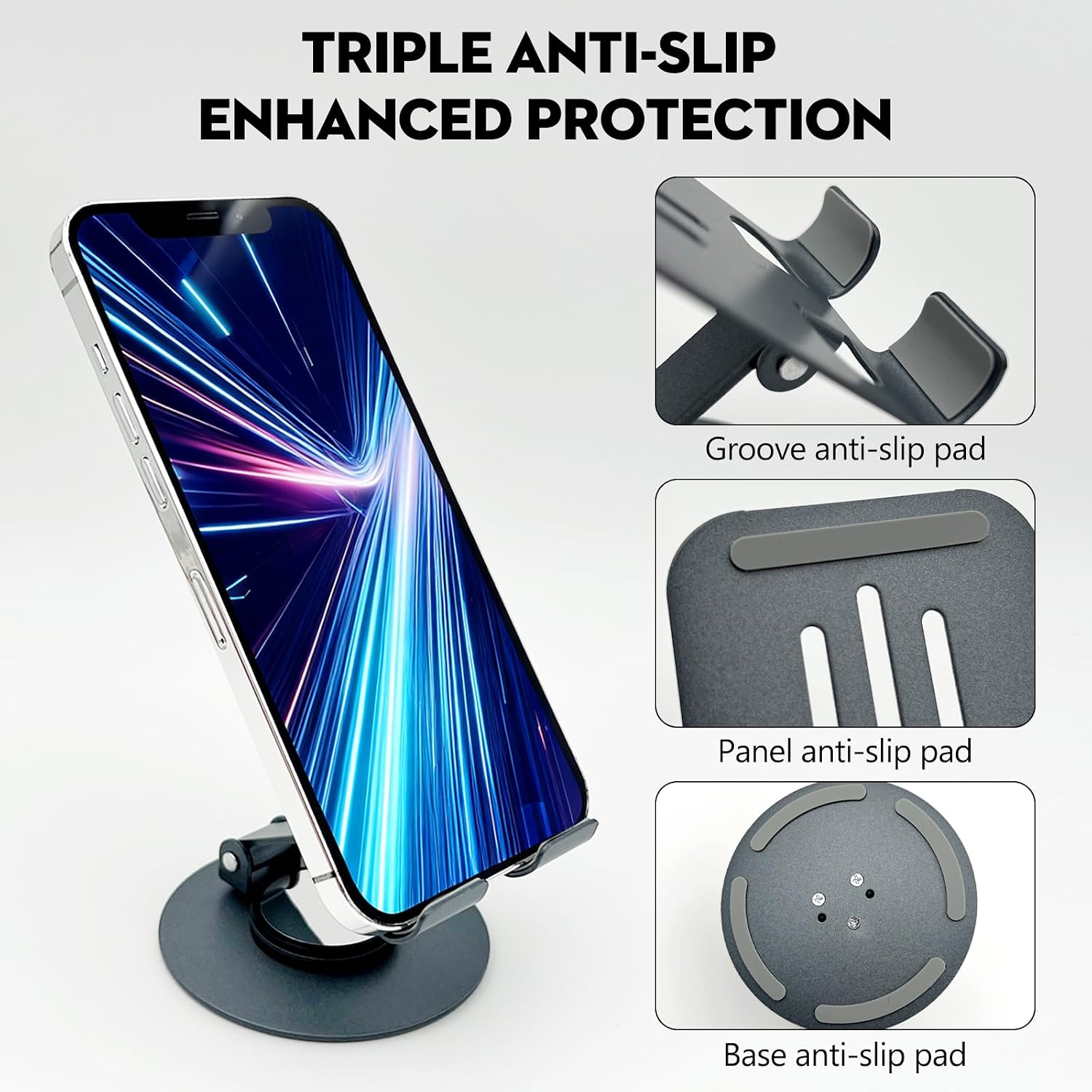 Foldable 360° Rotating Phone Stand - Grey, Adjustable Desktop Mobile Holder, Case-Friendly Universal Cradle Dock for All Smartphones image 4