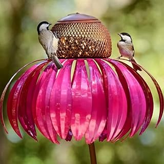 Metal Flower Shape Bird Feeder, Garden Outdoor Coneflower Stand Bird Feeder, Coneflower Standing Bird Feeder Outdoor Decoration Window Garden Flower Bird Feeder (Red)