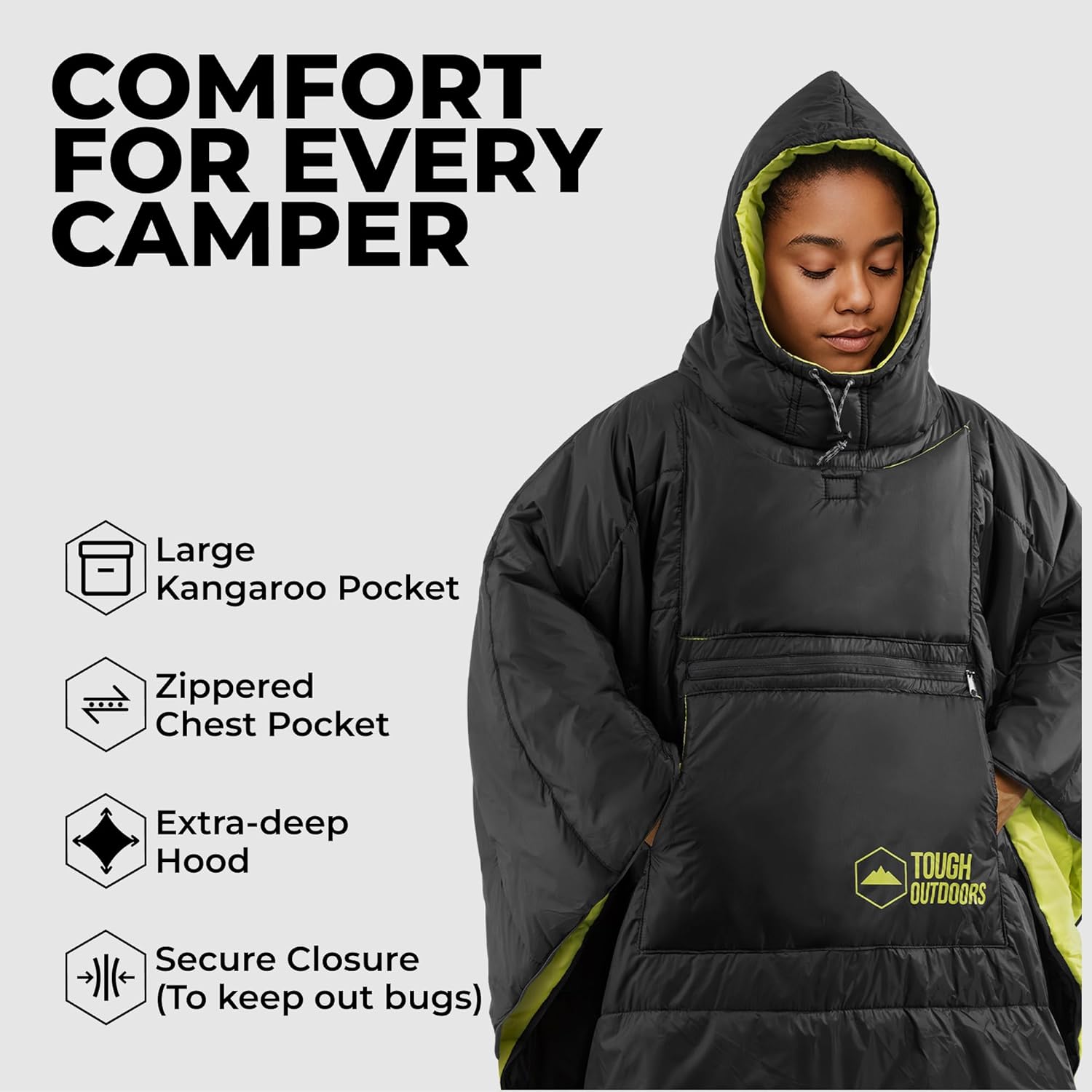 Tough Outdoors 5 in 1 Camping Poncho - Packable Blanket - Wearable Sleeping Bag Adult - Sleeping Bag Poncho - Waterproof