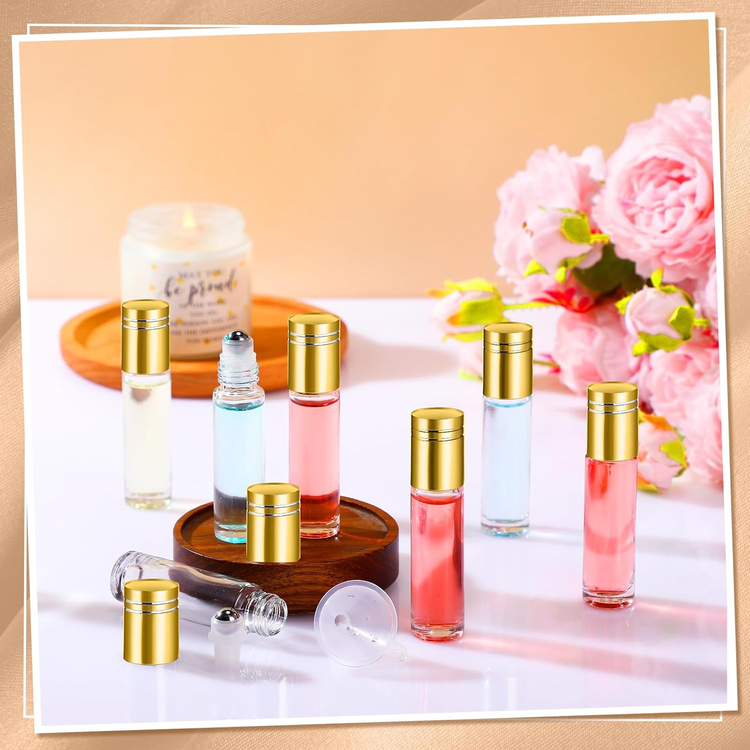 Sumind Essential Oil Roller Bottles - 250 Pcs, 10 ml Glass, Stainless Steel Roller Balls, Leakproof, Funnel Included(Clear with Gold Cap)