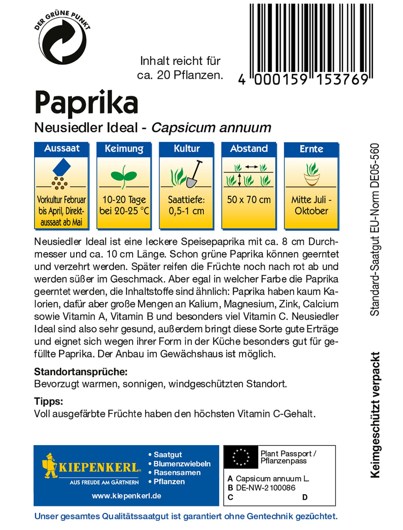 Kiepenkerl Nasiona Papryki Neusiedler Ideal 376 - Wysoko wydajne nasiona papryki jadalnej z grubymi owocami, bogate w witaminy i aromatyczne - Materiał siewny na 20 roślin