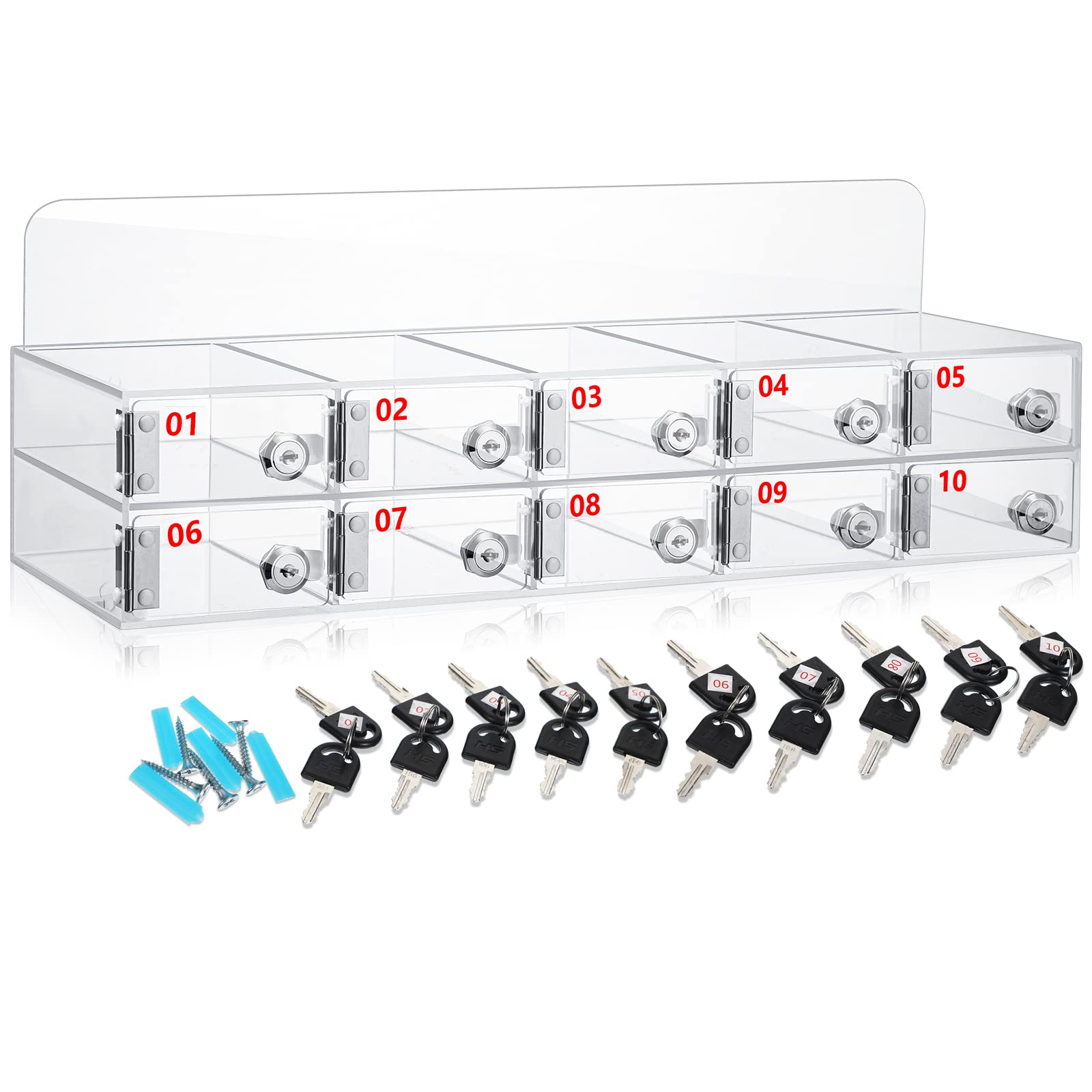 Photo 1 of Threan Cell Phone Locker Box Clear Cell Phone Storage Acrylic Cell Phone Lock Box with Door Locks and Keys Wall Mounted Cell Phones Storage Cabinet for Office School Classroom Factory (10 Slots)