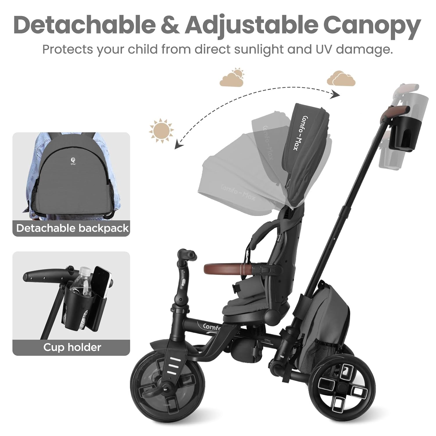 QPlay Toddler Bike Stroller for Baby 10 Months to 6 Years Old, 8-in-1 Foldable Stroller Bike for Toddlers 3-5 Boys & Girls Gifts Trike — Adjustable Handle, Triple Footrest, Canopy & Storage Bag