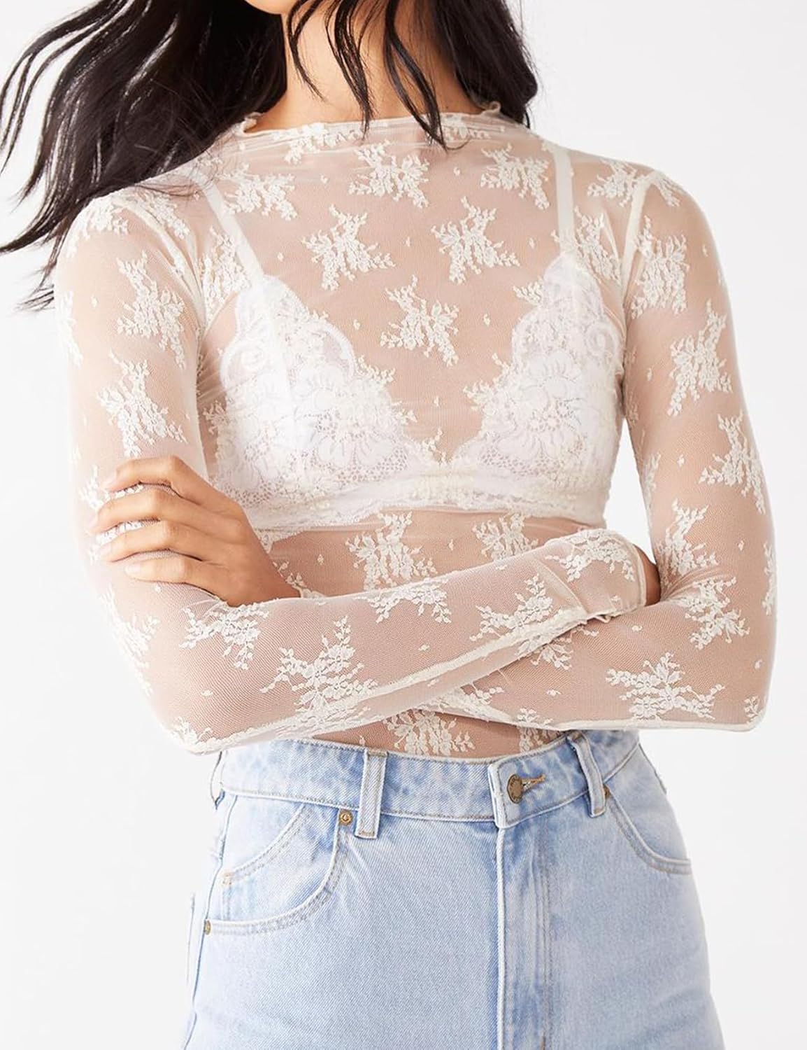 Flygo Womens See Through Floral Lace Layering Top Shirt Blouse Mock Neck Sheer Long Sleeve Mesh Tops - Image 2