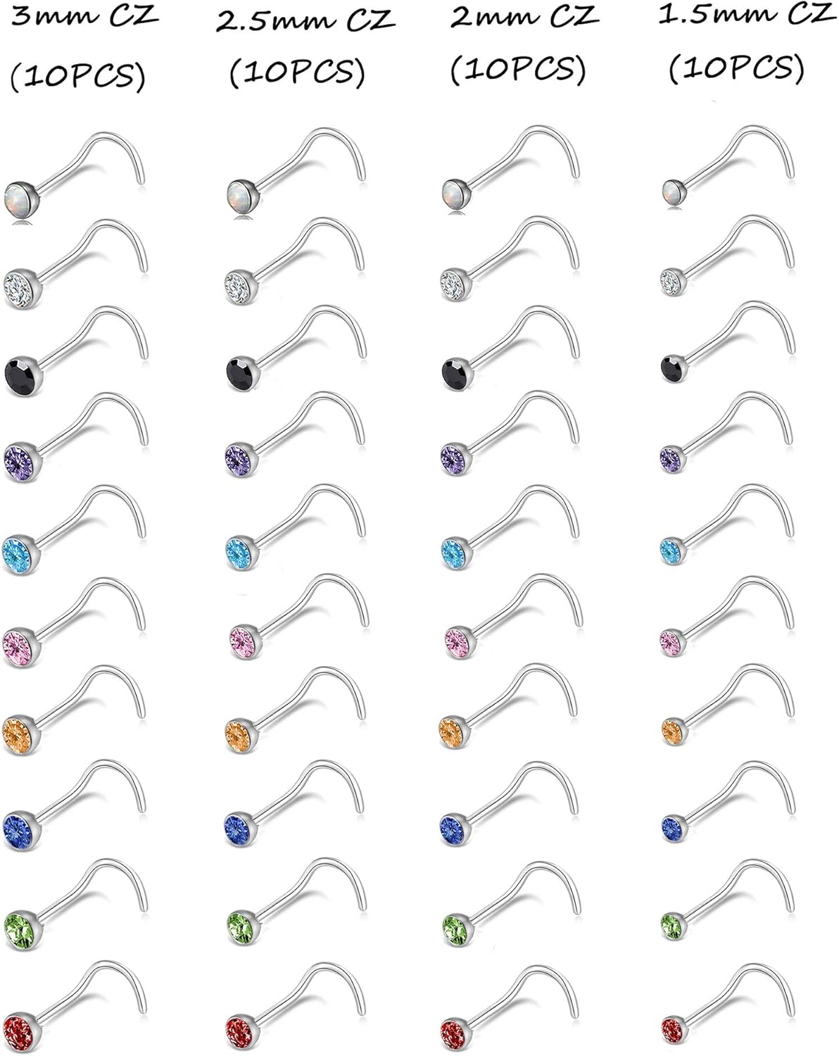 Tornito 20G 40Pcs Stainless Steel Curved Nose Stud Ring CZ L Bone Screw Shaped Piercing Jewelry for Women Men - Image 3