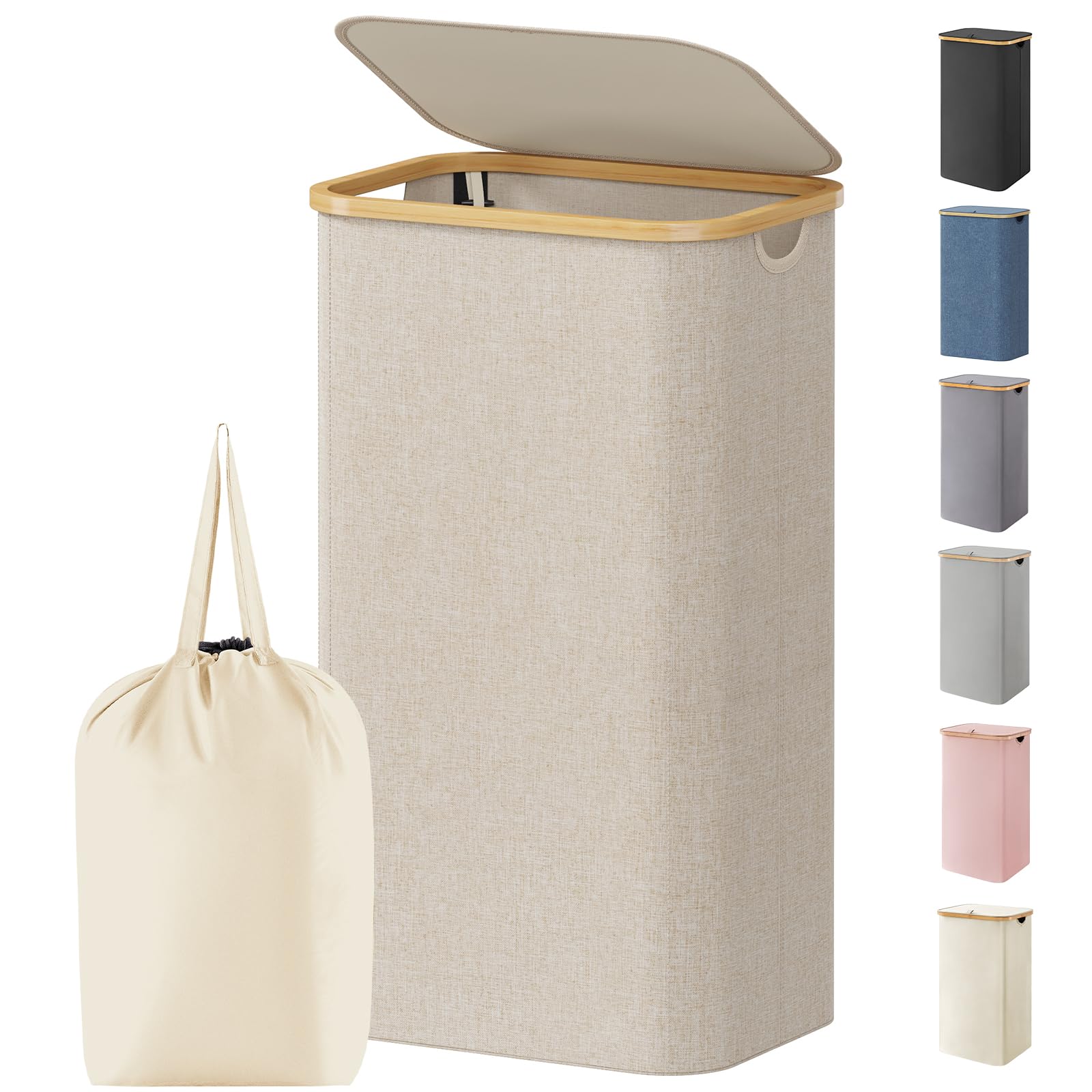 Lifewit 105L faltbarer Wäschekorb mit Deckel und Bambusgriffen, Beige | Großer Wäschesammler mit einem herausnehmbaren Wäschesack für Schlafzimmer, Bad, Wohnheim und Waschküche