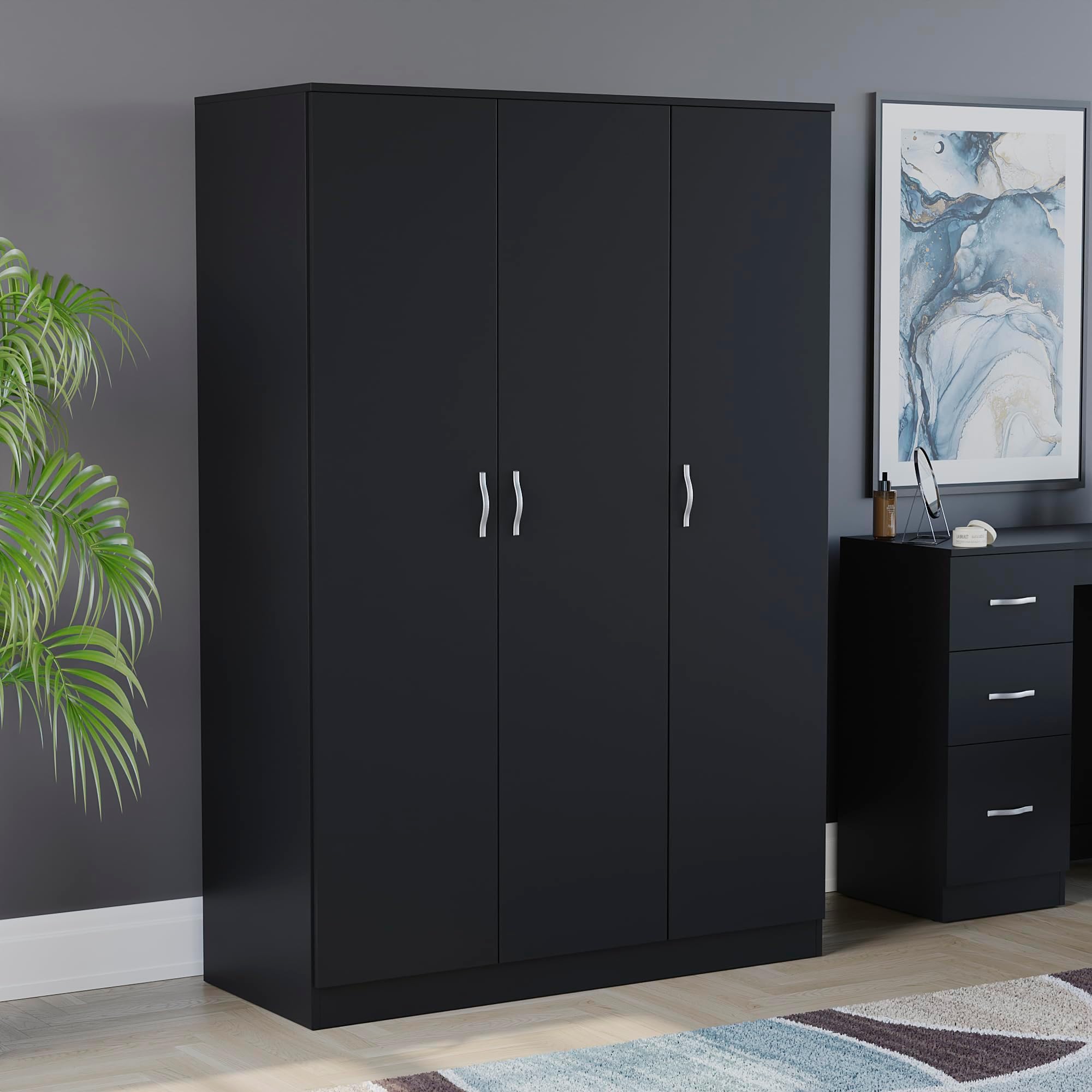 Vida Designs Riano Wardrobe, With Shelf & Hanging Rail Bedroom Storage Furniture (Black, 3 Door)