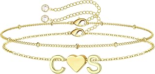 Turandoss Gifts for Teen Girls Kids - 2 Initial Heart Bracelets, Dainty Layered 14K-Gold-Plated Heart Letter A-Z Charm Bracelets, Birthday Gifts for Women Girls Mom Daughter Jewelry