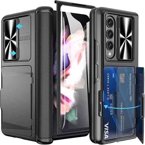 Vihibii Funda para Galaxy Z Fold 3 con tarjetero y soporte para bolígrafo S, cubierta deslizante para cámara, función de bisagra, soporte y