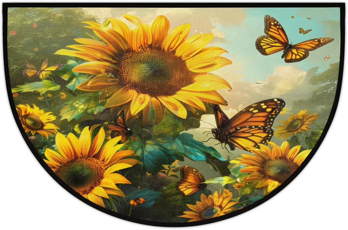 Sunflower Butterfly Yellow Half Round Door Mat Non-Slip Soft Semi Circle Rug Washable Half Moon Welcome Entrance Doormat for Outdoor Indoor Floor Indoor Bedroom Bathroom Home Kitchen Decor