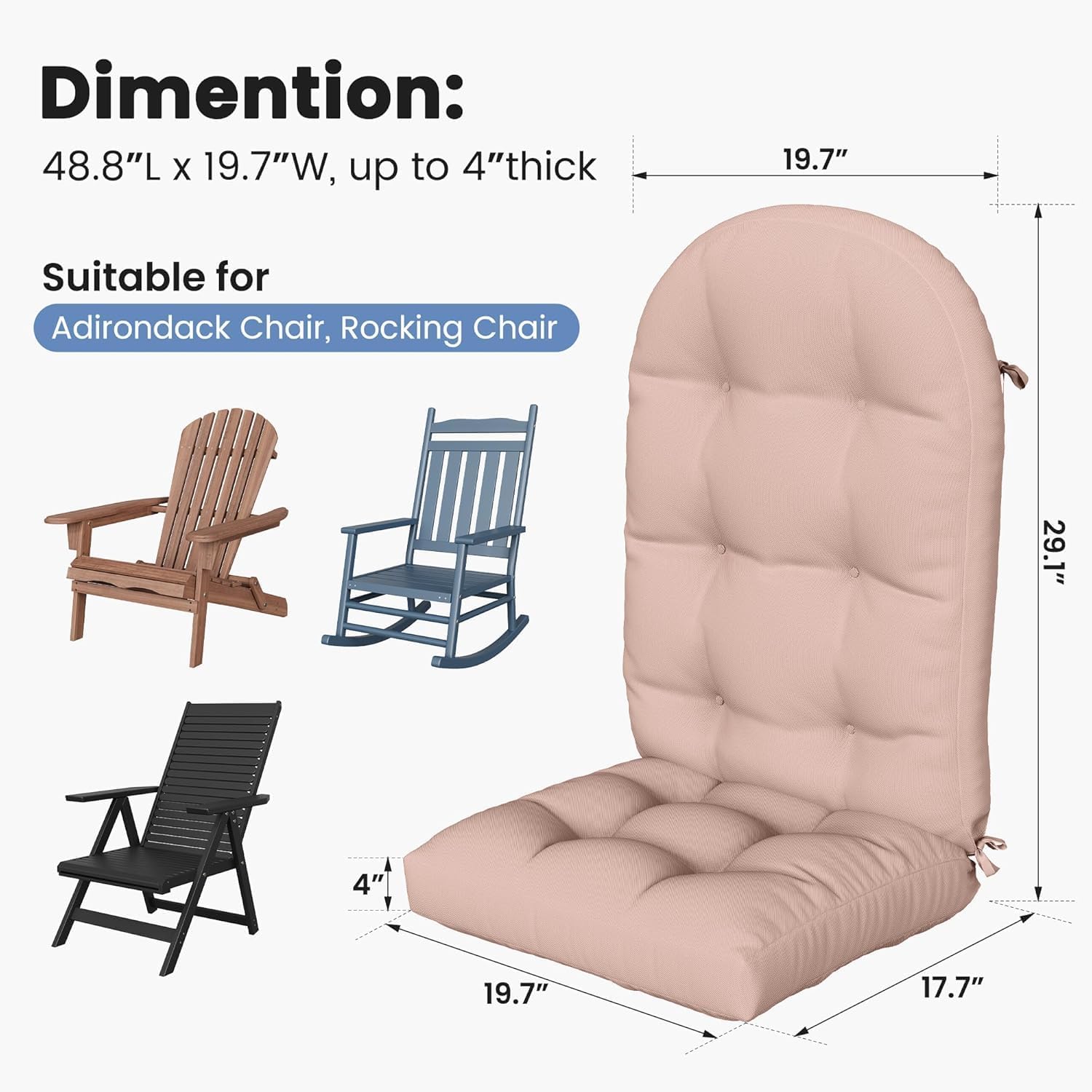 Amopatio Adirondack Chair Cushions 4" Thick Set - Outdoor Cushions for Patio Furniture, Contoured Design with Anti-Slip Straps & Water-Resistant Fabric for Adirondack Chairs, Khaki