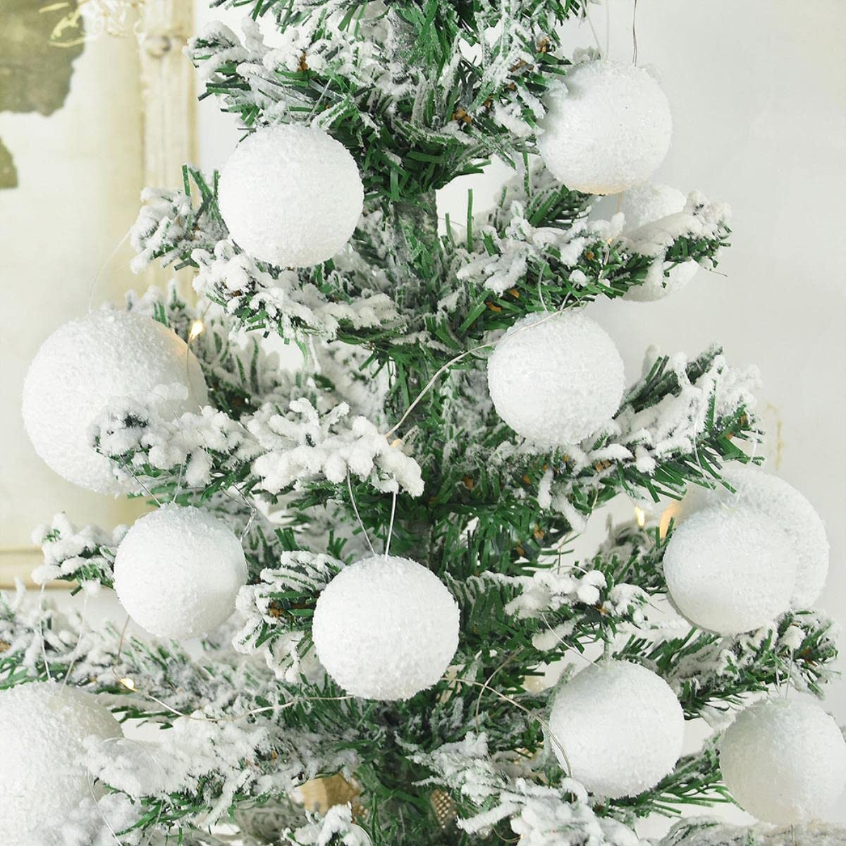 16 Palline Di Natale Bianco 60mm In Schiuma Infrangibile: Decorazioni Leggere Per Albero Con Paillettes, Set Di Ornamenti - 5
