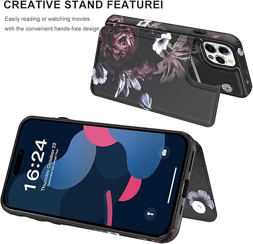 Miniatura 4 de LETO Funda para iPhone 15 Pro con tapa tipo folio de cuero, diseños de flores de moda, ranuras para tarjetas, función atril, funda protectora para