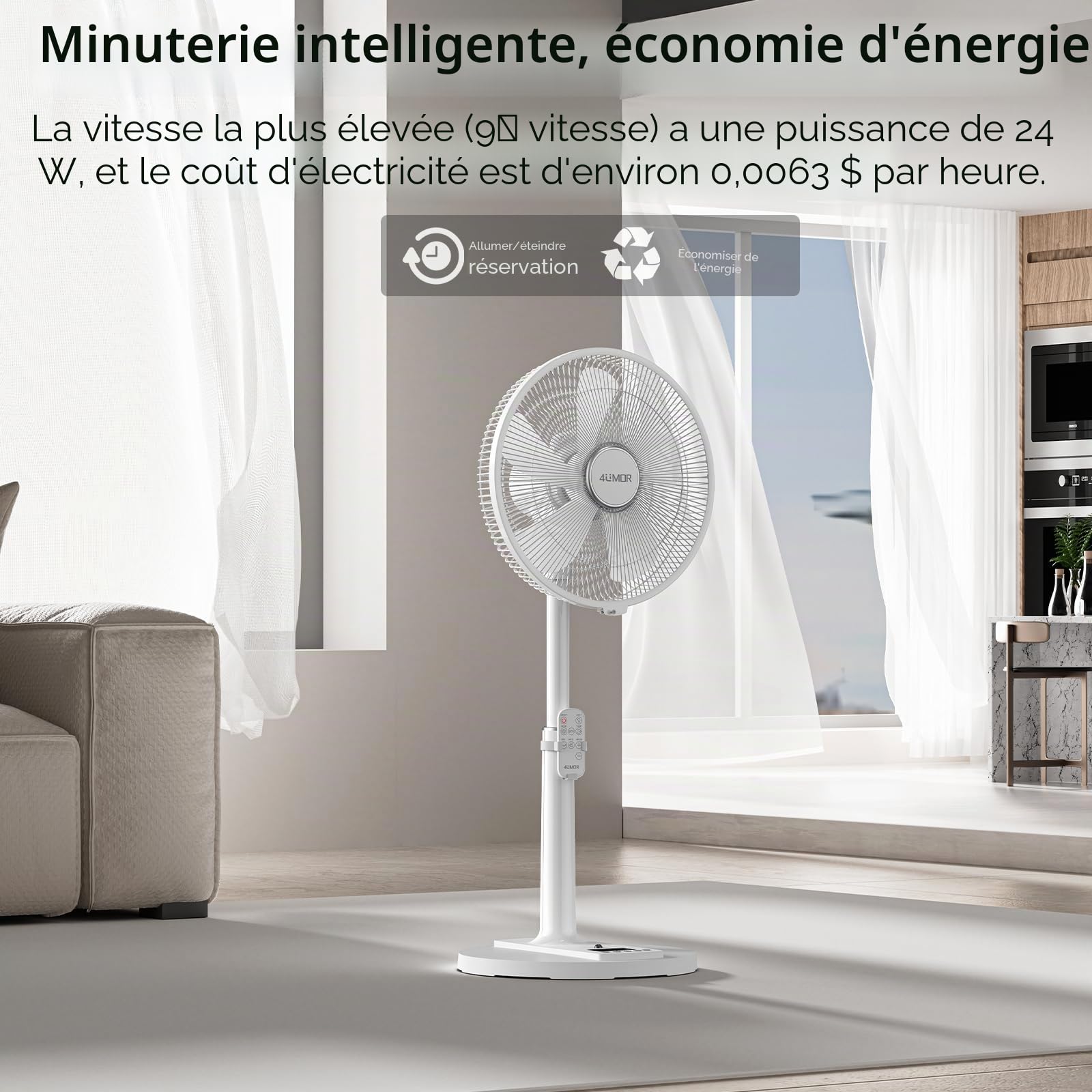 4UMOR Ventilateur sur Pied Ultra Silencieux 20dB avec Télécommande 2772m³/h DC Moteur Brushless 24W 4 Modes 9h Minuterie 9 Vitesses Oscillation Hauteur Ajustable pour Maison Chambre Bureau
