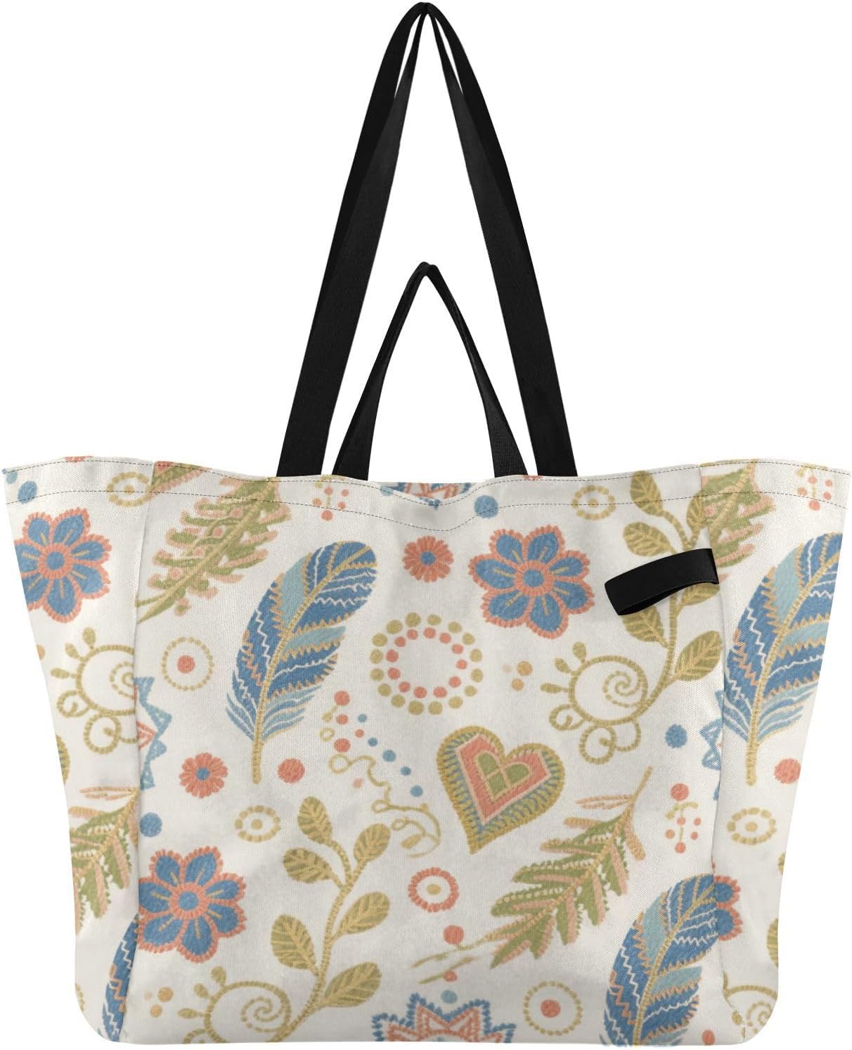Boho Blue Feather Flower Large Canvas Tote Large Capacity Kitchen Grocery Bags Tote Bag for Men Spa Shower Necessities bolso Tory Burch para Mujer