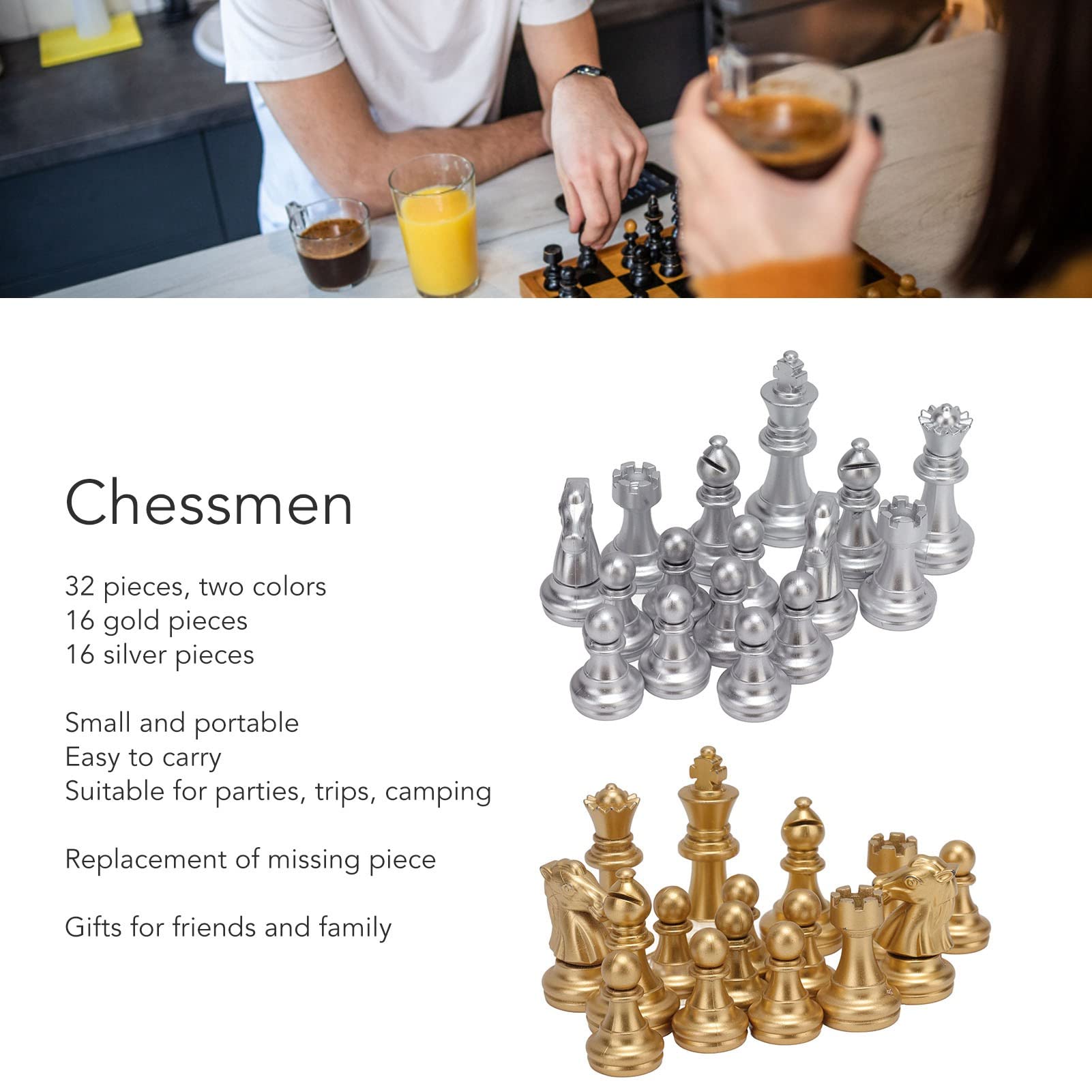 PCS Chess Pieces, 1.93in King Figures Replacement Chess Pieces Portable Gold and Silver Chess Pieces for Chess Game Board