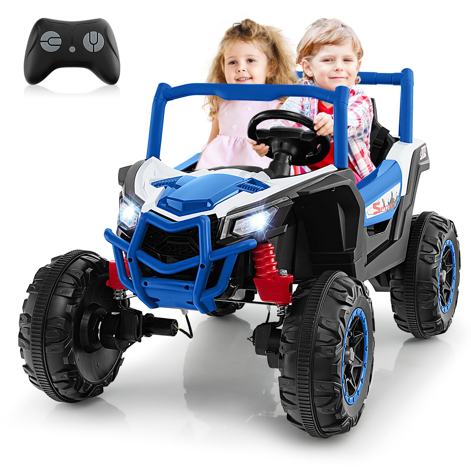 COSTWAY 24V Kids Electric Ride on UTV, 2-Seater Battery Powered Toy Car with Remote Control, MP3, Music, Lights, Spring Suspension, 4 Motors Ride On Vehicle for 3+ Years Old (Navy)