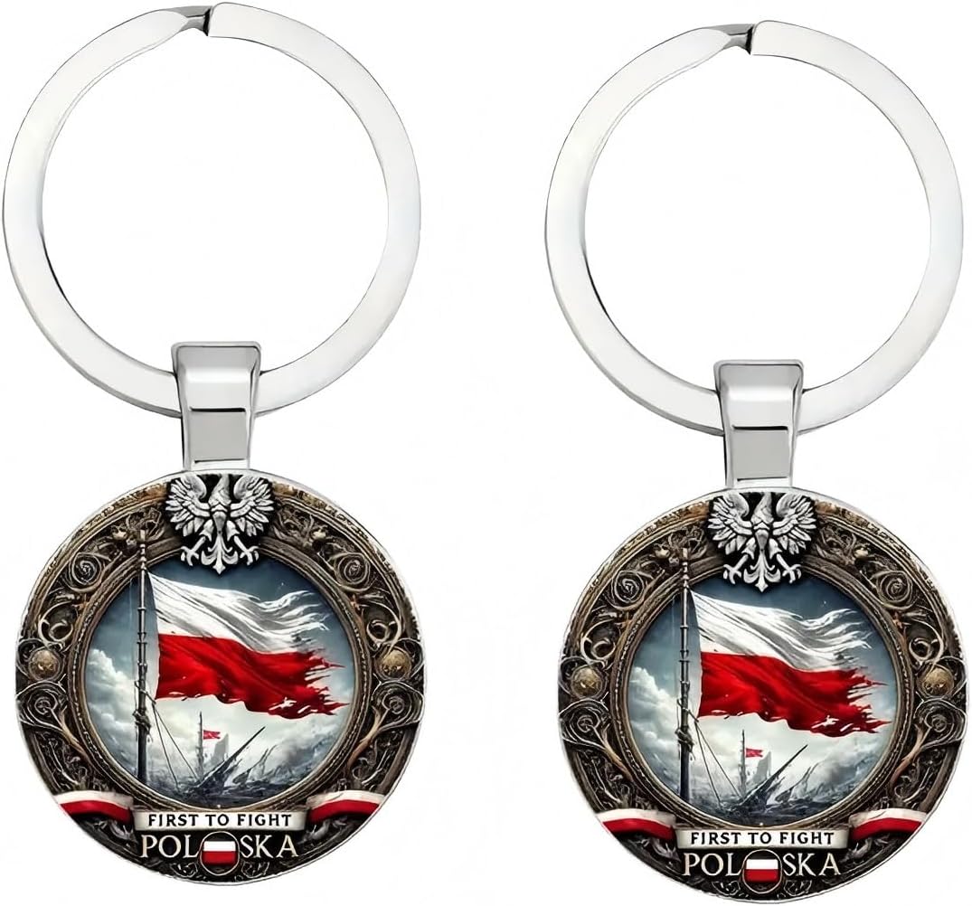 Poland Flag Keychain 2 Pack, Alloy Glass Polish Eagle “First to Fight” Key Ring, Polska Souvenir Gift for Men Women Collectible
