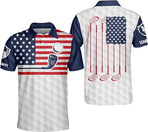 LASFOUR Polo de golf personalizado divertido para hombre, orgulloso de golf, bandera estadounidense, polo patriótico 3D de golf para hombre