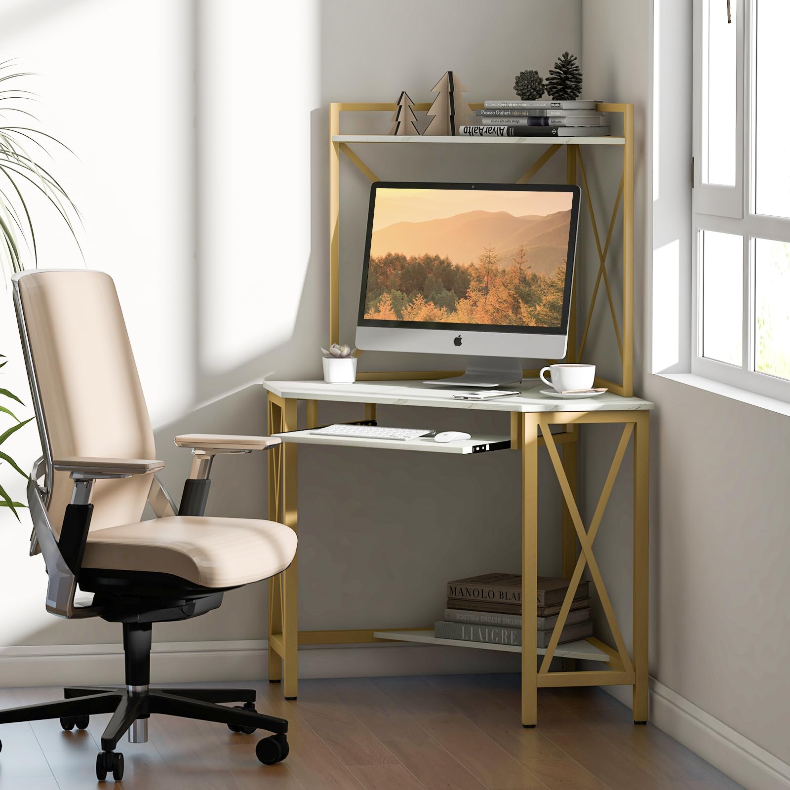 GYMAX Scrivania Angolare per Computer con Prese e Porte USB, Scrivania d'Angolo con Ripiani e Porta Tastiera, per Ufficio Casa Salvaspazio (Bianco)