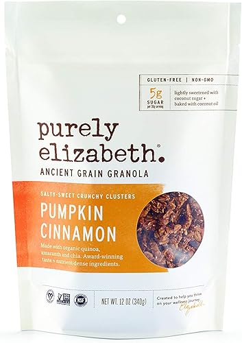 Purely Elizabeth - Granola de grano antiguo, sin gluten, vegana y sin OMG, certificado orgánico, horneado con aceite de coco, calabaza y canela, 12