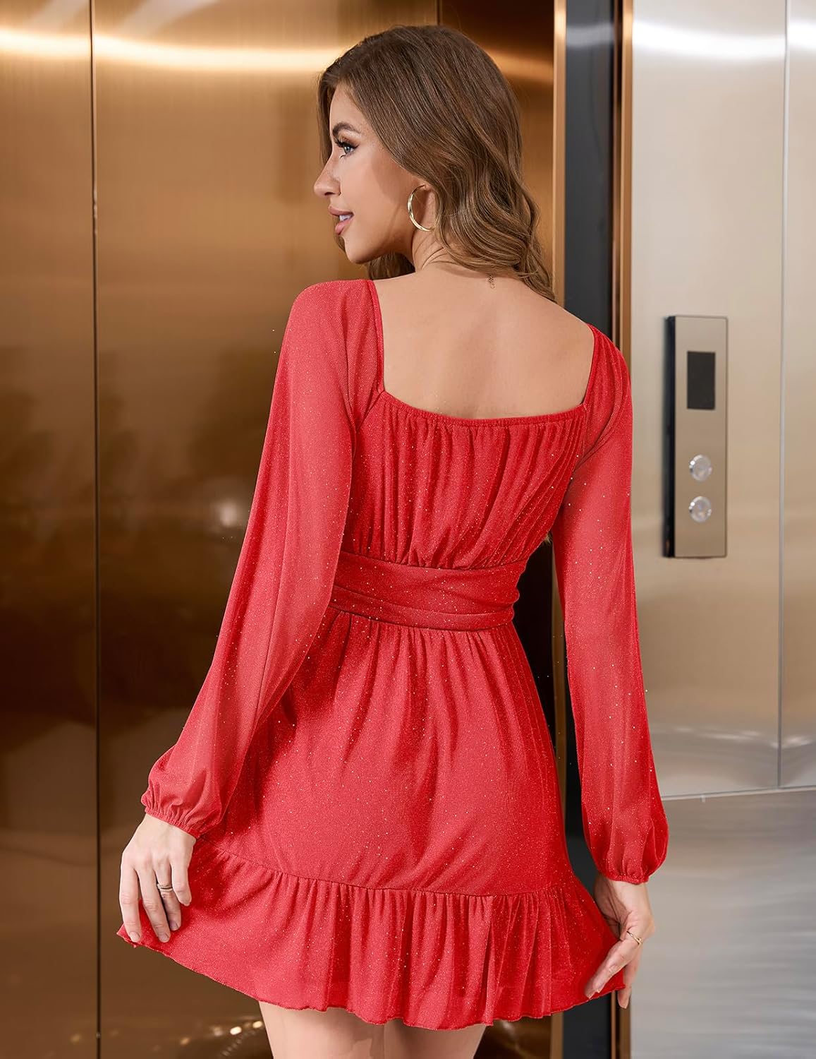 Bridesmay Women's Sparkly Long Sleeve Short Party Dresses 2026 Square Neck Flowy Mini Prom Dress - Image 6