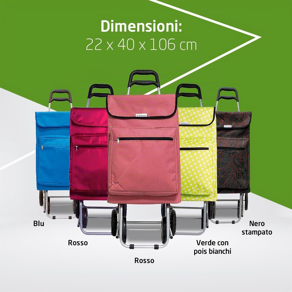 Amig - Carrello spesa - Carrello spesa 4 ruote - Pratico e capiente con tasca esterna - 22 x 40 x 106 cm - Tessuto/Metallo - Rosso