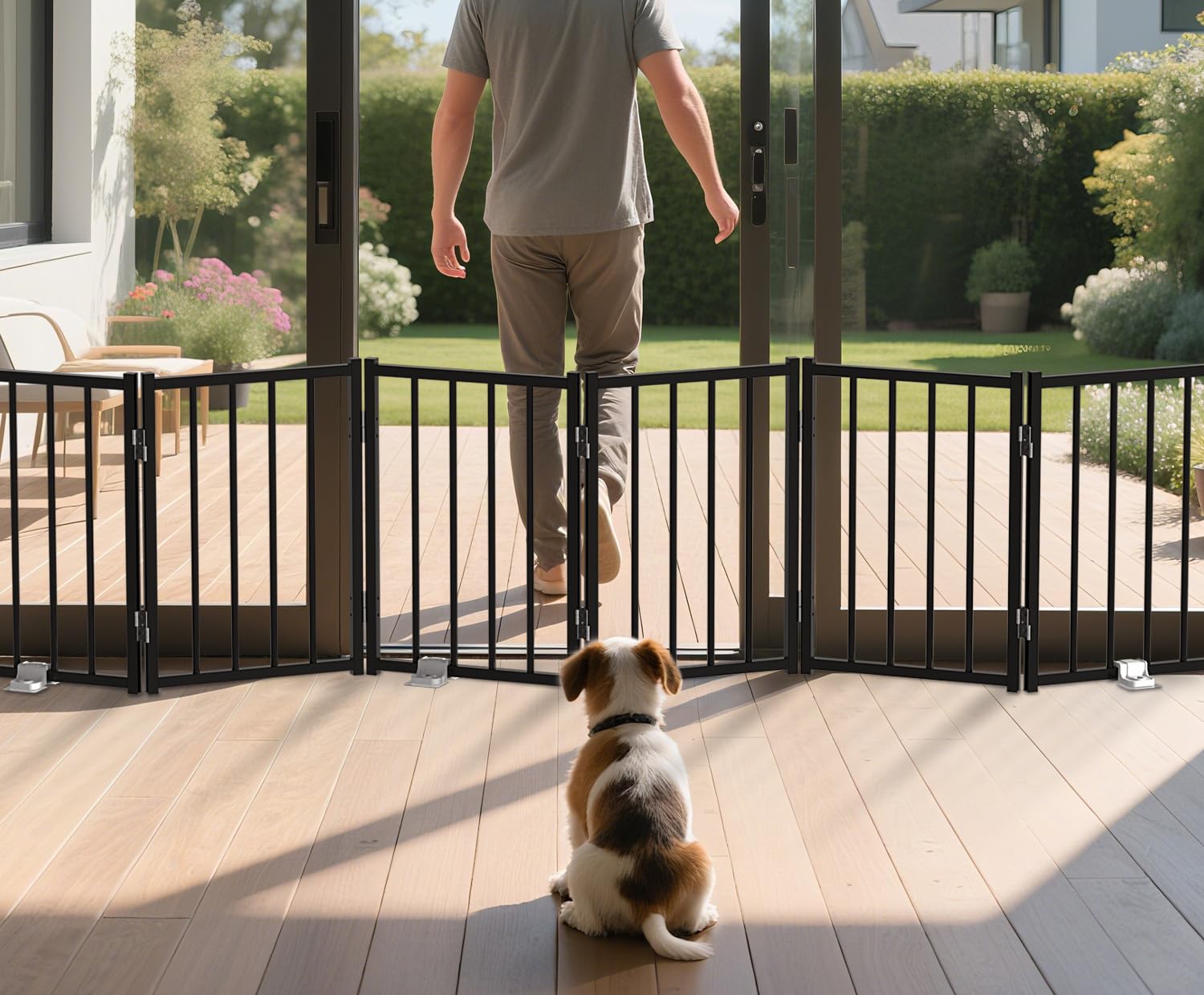 BFNN Metal Short Dog Gate, 24”x60”High to Step-Over, Free Standing Foldable Pet Gate, Up to 72" Wide Puppy Fence for Stairs and Doorways, Indoor & Outdoor Use, No Drilling and No Assembly, Black