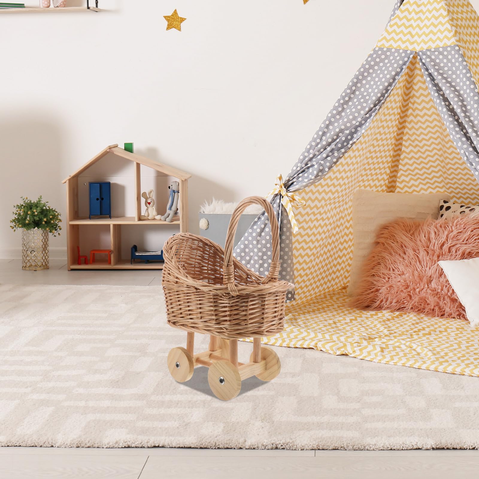Gatuida Poussette de poupée, Jouet d'imitation en Osier pour bébé Fille, Poussette de poupée, Panier de Fleurs Vintage pour Maison de Jeu