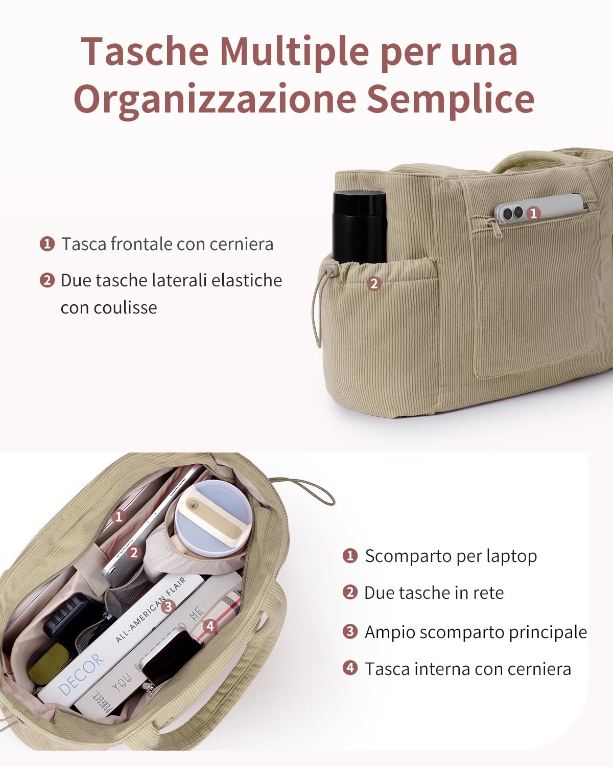 ECOHUB Borsa Tote Donna Velluto a Coste con Scomparto per Laptop da 15,6"